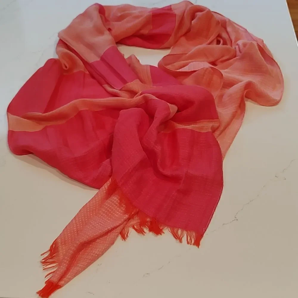 J. Jill Beachy Fringed Striped Linen Blend Wrap Scarf in Pink and Orange